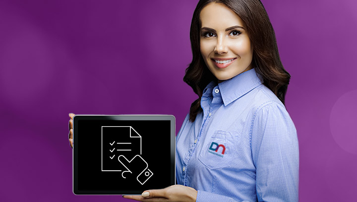 DN employee holding tablet displaying the ATM Management and Branch Automation Icon